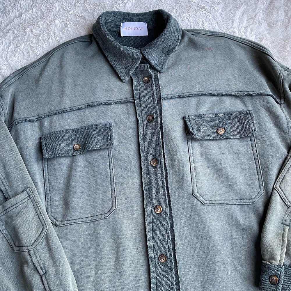 Pol French terry oversized shacket jacket green button front vintage wash faded - Picture 7 of 16